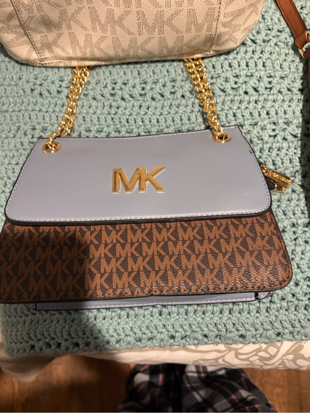 Michael Kors Lavender and Brown MK Logo Chain Crossbody Bag